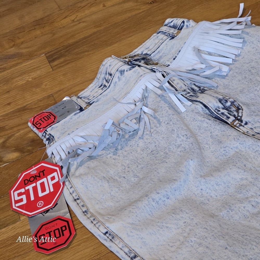 80s 90s Denim Jean Skirt Blue Acid Wash Mom High Waist Fringe Western 9/10 NOS - Picture 10 of 16